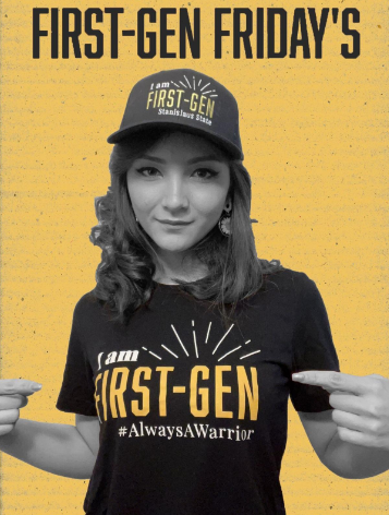 First-Gen Friday's. Student wearing a branded First Gen t-shirt and hat.